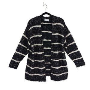 Calvin Klein Cardigan Womens Black & White Fuzzy Striped Open-Front  Sweater
